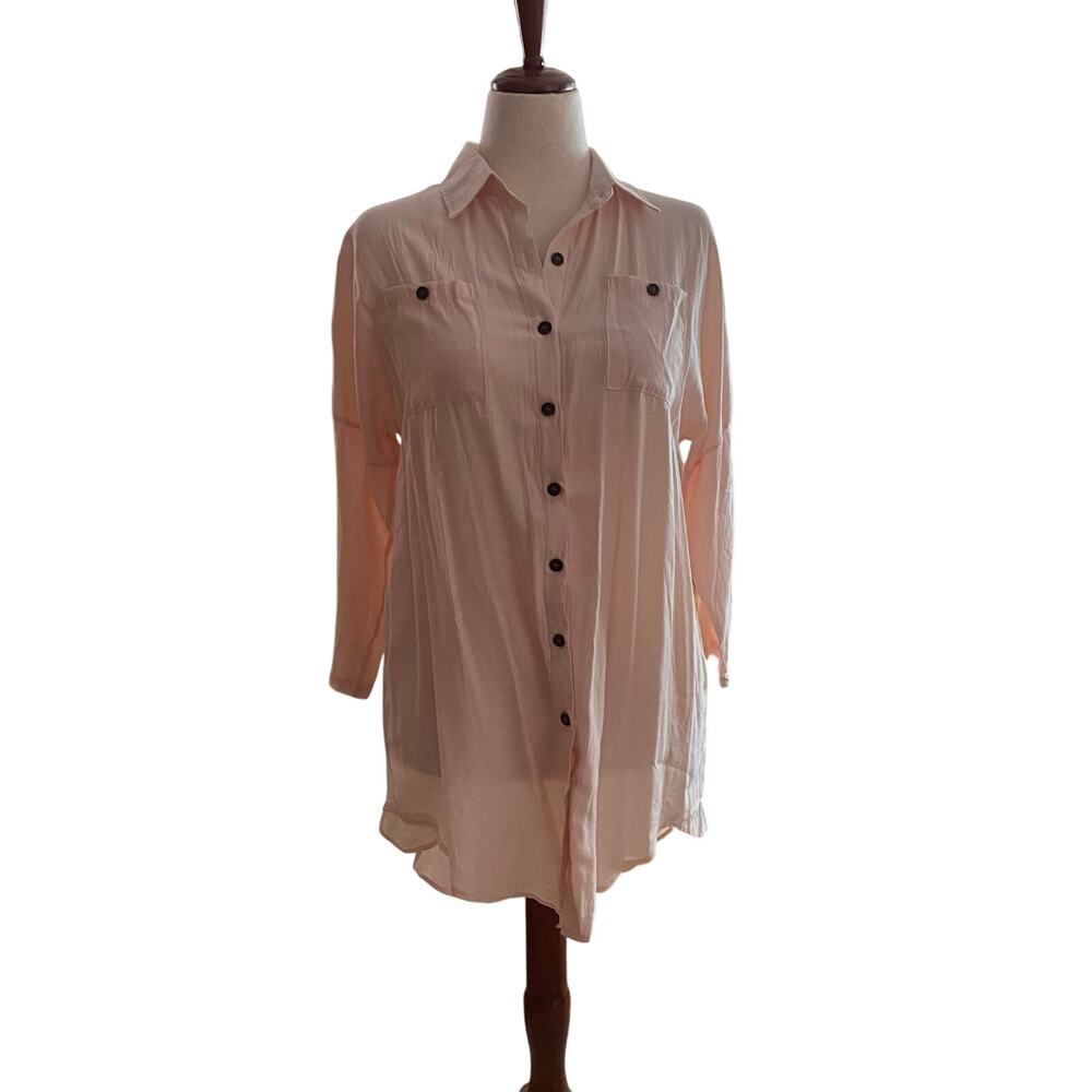 POGTMM Womens Top, Buttondown, Peachy-Cream, M, Relaxed fit, Lightweight Casual